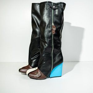 SENNA BUCKLE DETAIL SQUARE TOE BLUE WEDGE HEEL KNEE HIGH LONG BOOT S 6